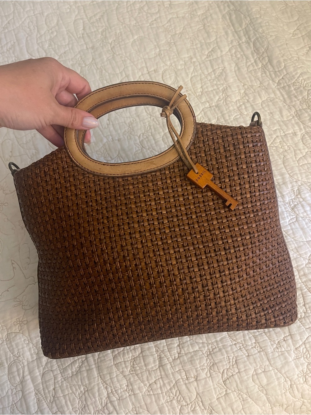Fossil Woven Leather Tote Bag Brown Top Handle Satchel Crossbody Summer - Picture 2 of 7